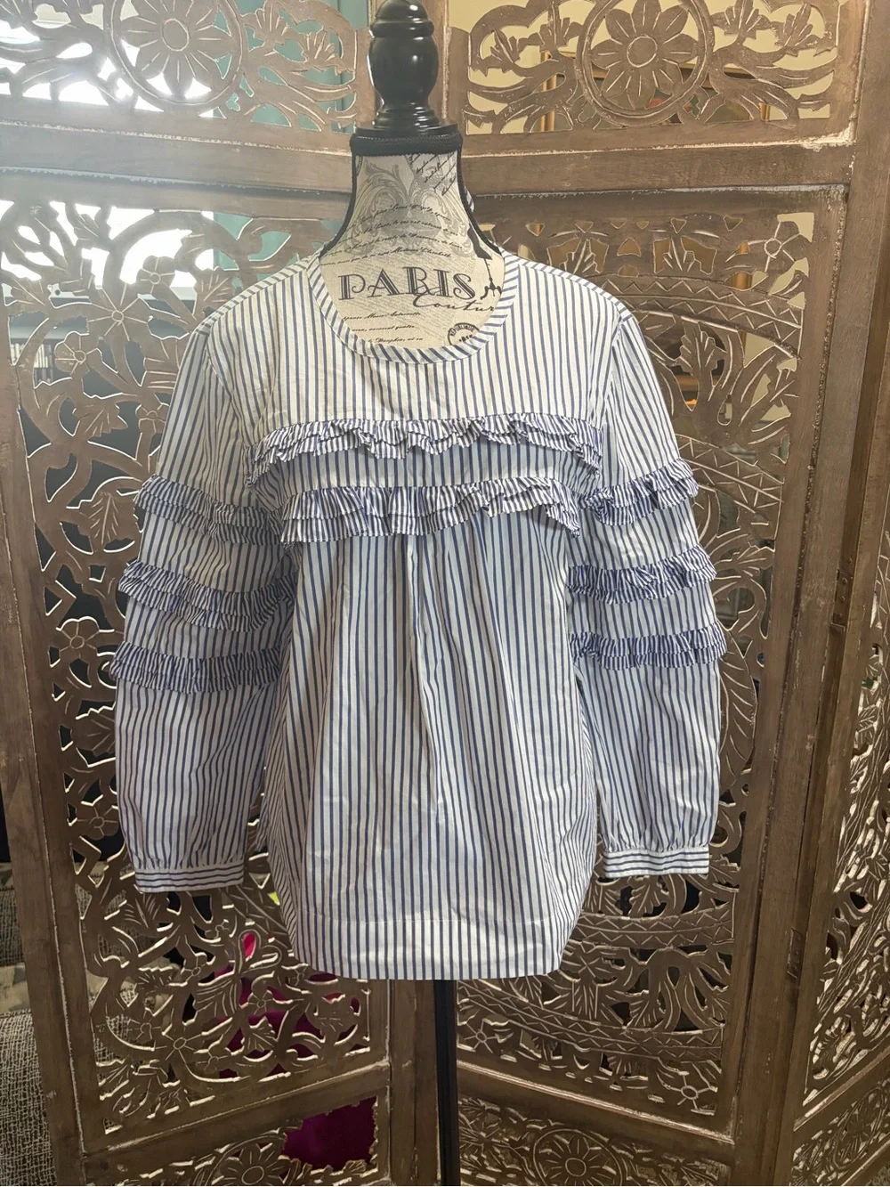 J. Crew Blue & White Striped Ruffle Tier Blouse